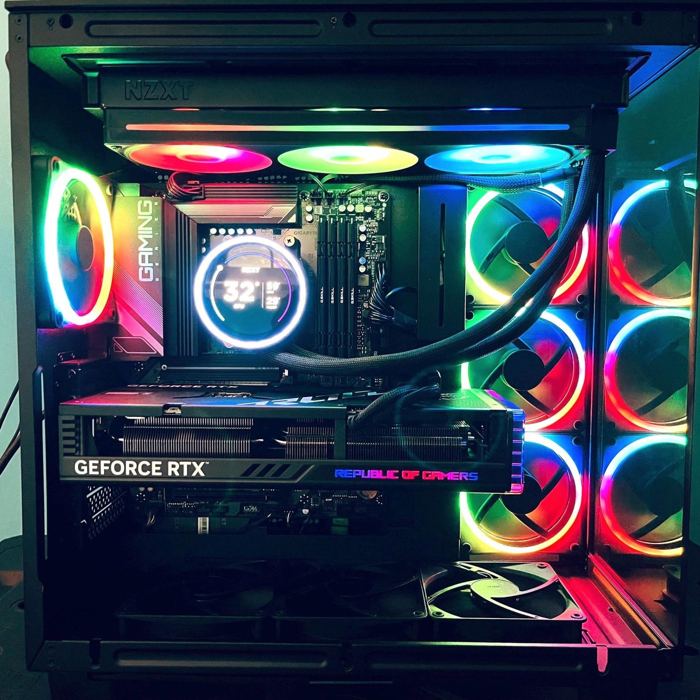 NZXT gaming tower with an ROG Strix GeForce RTX card, a Kraken liquid cooler and RGB fans, built by NG+ GameBuilds