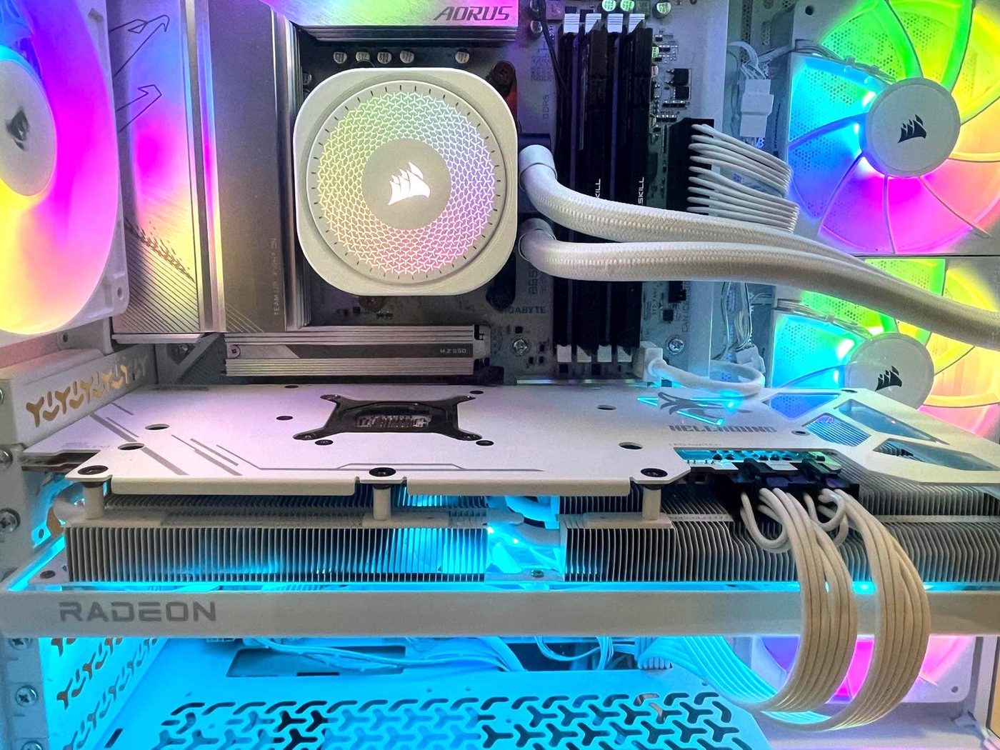 White gaming PC with a PowerColor Hellhound Radeon card and a Corsair liquid cooler
